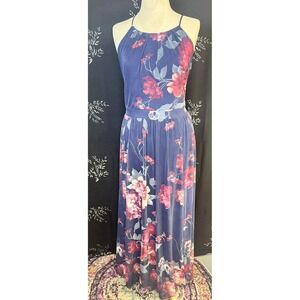 Alexa B Nites Navy Blue Floral Mesh Halter Maxi Dress Rhinestone Buckle 14W